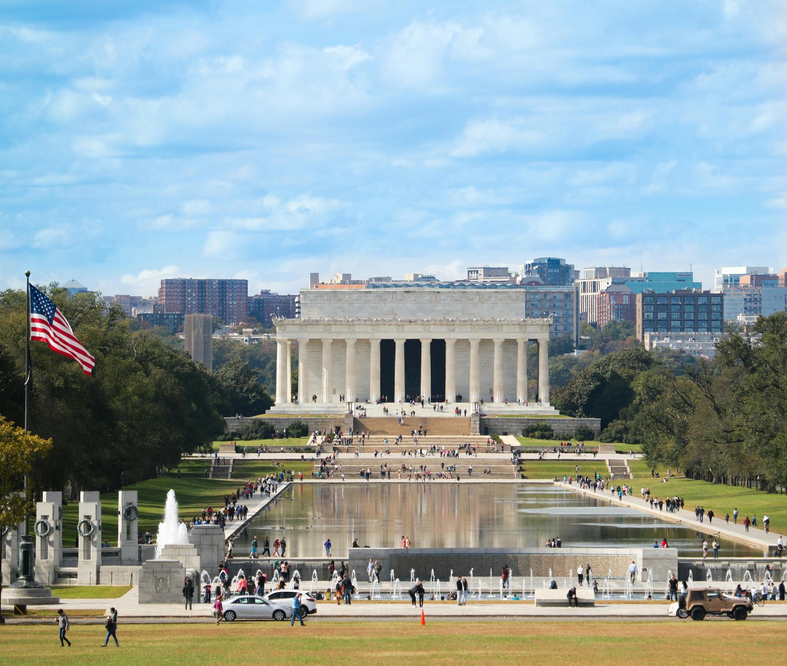 One of the best free things to do in Washington DC - the National Mall. Scenic view of Lincoln Memorial and Reflecting Pool in Washington, D.C. with clear blue skies.