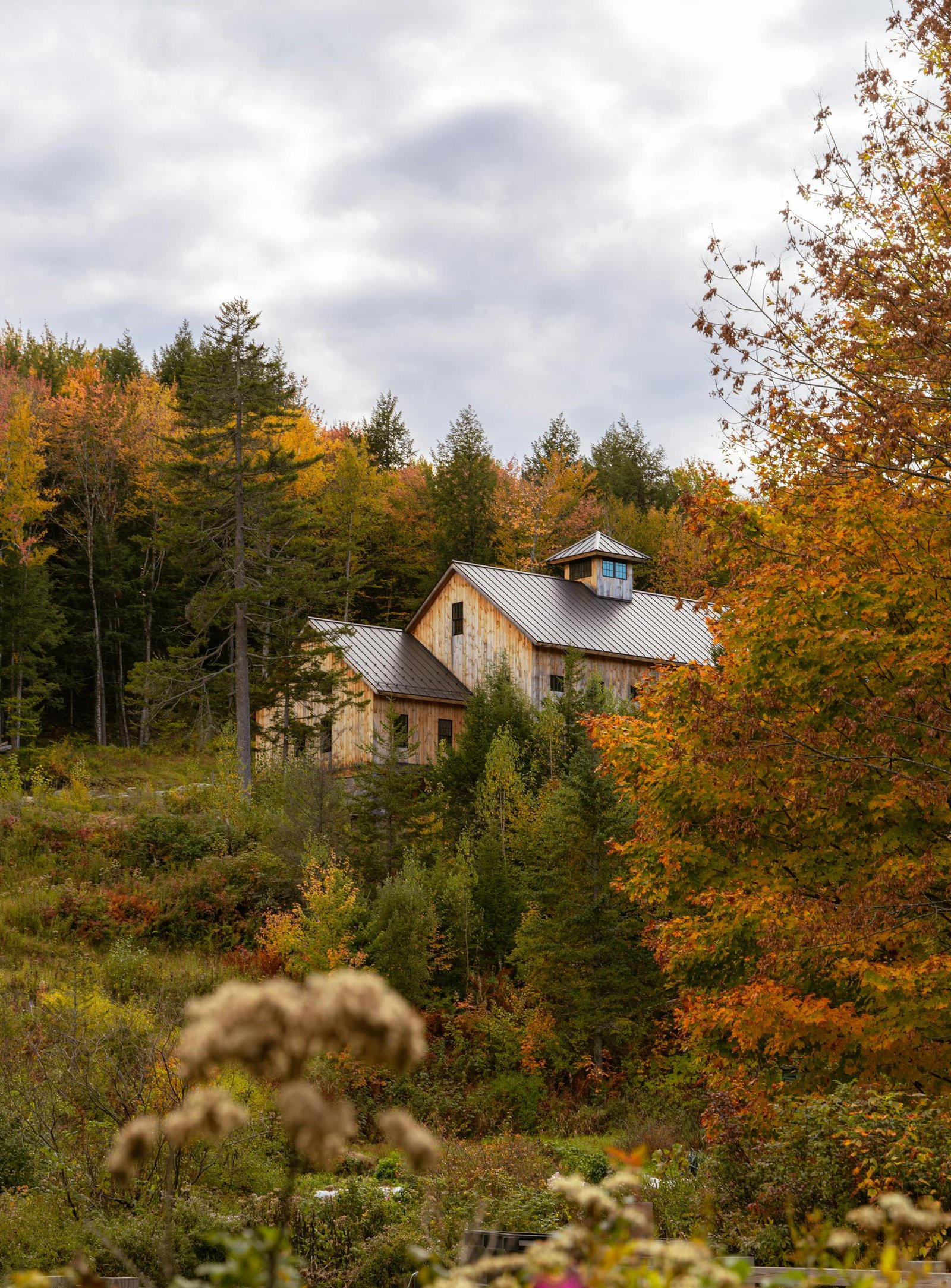 Scenic view of a rustic farmhouse surrounded by vibrant fall foliage in Stowe, VT.